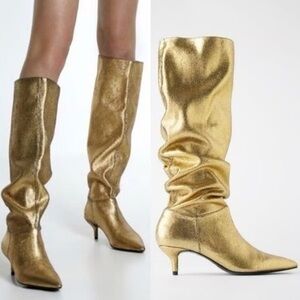 [ZARA] Women's Gold Slouch Knee-High Boots